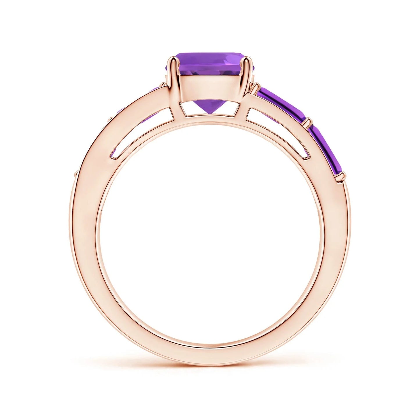 Natural 7mm Cushion & 5*3 5mm Emerald Cut Amethyst & Round Diamond Double Band Ring 14k Gold Dual Band Wedding Ring For Women
