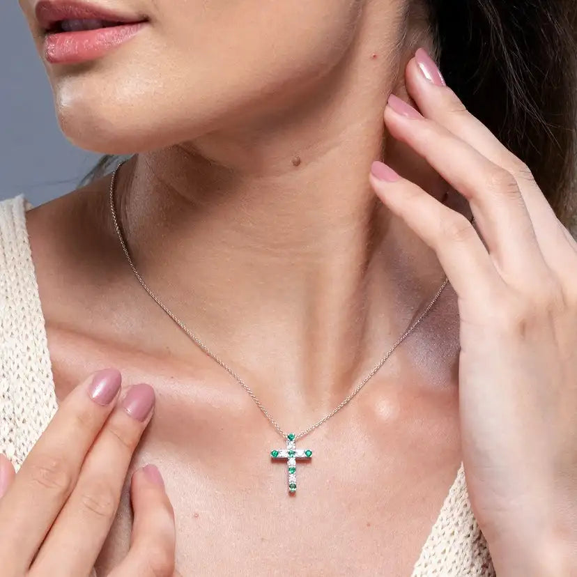 14K Pure Gold IGI Certified Cross Pendant Christmas Gift Flat Prong-Set 2MM 0.27Ctw Green Emerald & 0.18Ct Diamond Cross Pendant