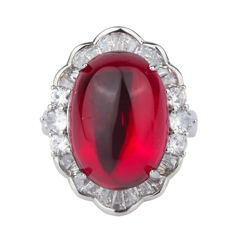Gemfiori Luxury Pigeon Blood Ruby Jewelry Set Cabochon Cut Red Gem Halo Pendant Necklaces Earring Rings Timeless Classic Elegant Wedding