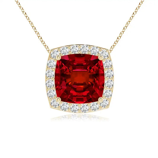 14K 18K Gold Vintage Inspired 7MM Cushion Cut 1.45Ctw Natural Red Ruby Gemstone With Halo Diamond Pendant Handmade Fine Jewelry