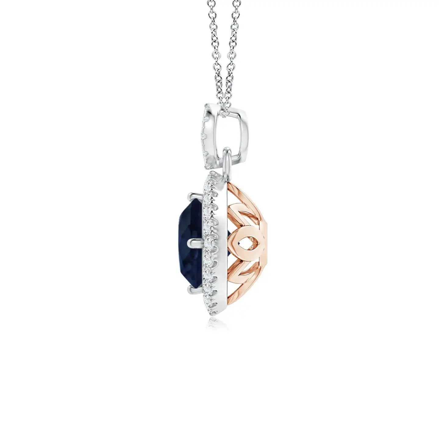 14k Solid Gold Vintage Inspired Round Cut Blue Sapphire Pendant With Diamond Halo Igi Certified Fine Jewelry Handmade Pendant