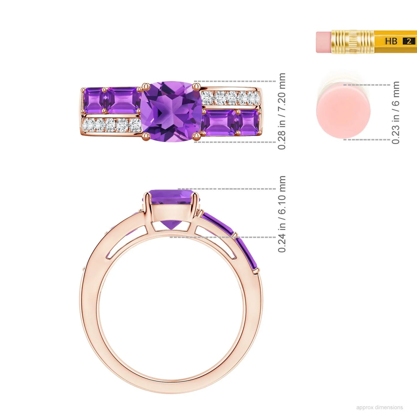 Natural 7mm Cushion & 5*3 5mm Emerald Cut Amethyst & Round Diamond Double Band Ring 14k Gold Dual Band Wedding Ring For Women