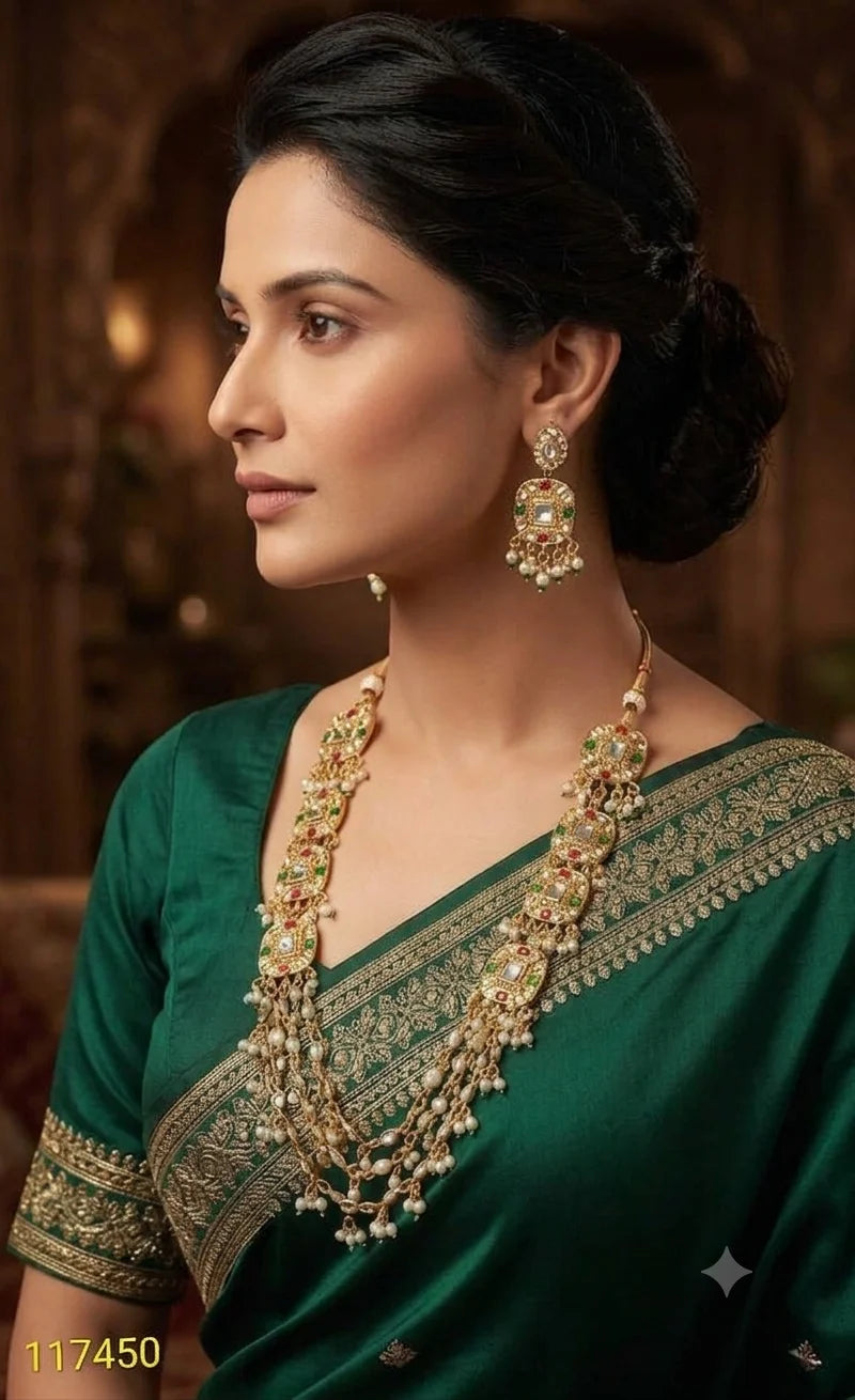 Royal Heritage Kundan Long Necklace Set Gold Plated Asscher Cut Traditional Wedding Party Premium Jewelry for Women Jewelery Set