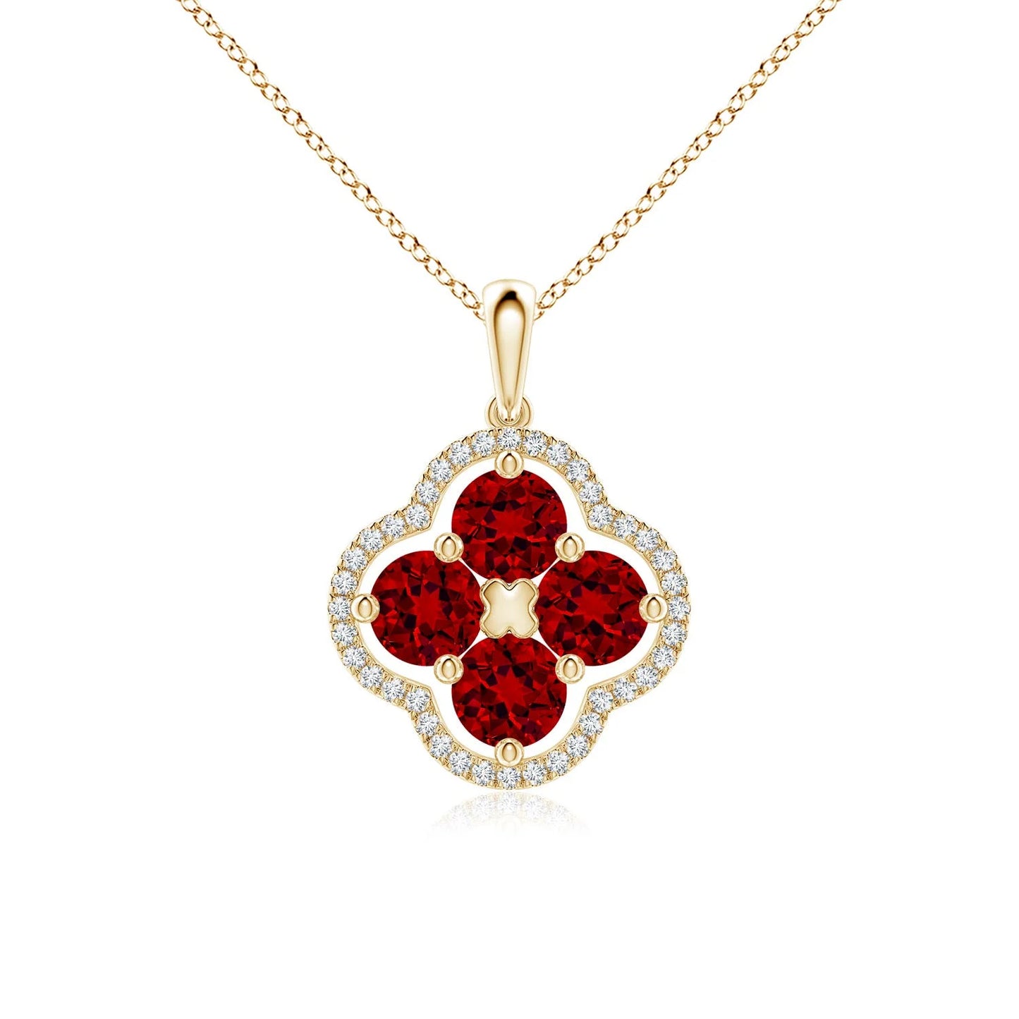 14K Gold Natural Diamond Framed Ruby Gemstone Clover Design Pendant Nature Inspired Fine Jewelry Pendant Link Chain Necklace