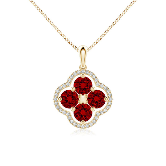 14K Gold Natural Diamond Framed Ruby Gemstone Clover Design Pendant Nature Inspired Fine Jewelry Pendant Link Chain Necklace