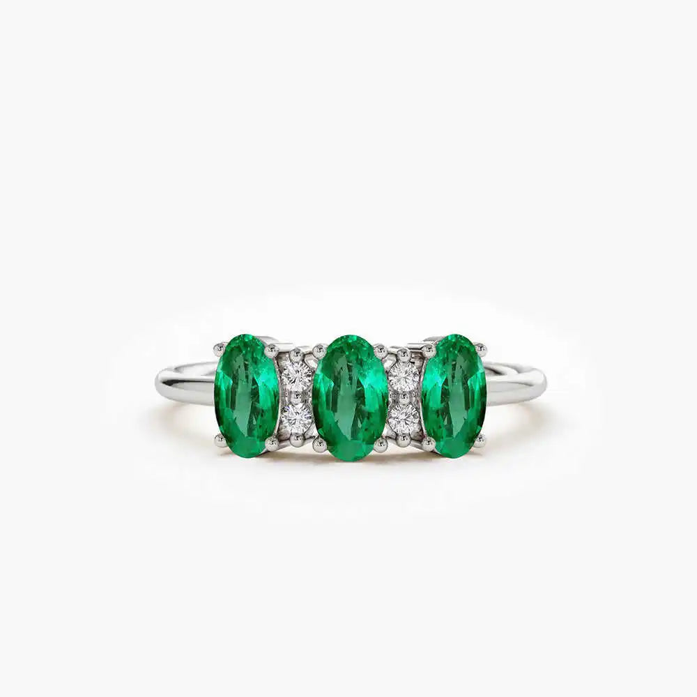 Oval Cut Triple Natural Emerald Stone & Round Cut Diamond Ring 14k Pure Gold Beautiful Engagement Wedding Rings Fine Jewelry RTS