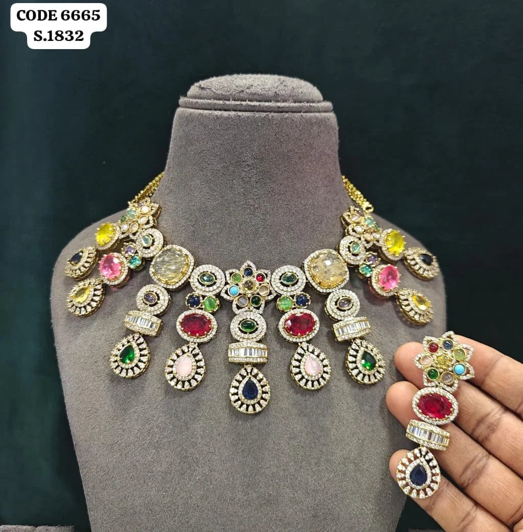 Luxury Multi Gemstone Statement Choker Necklace Set Elegant Vintage Pear Cut Gold Plated Bridal Wedding Jewelry Set For Women