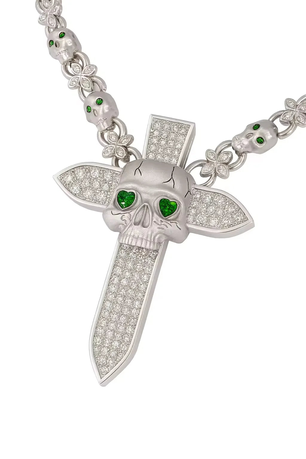 BiG-BOSS Iced Skull Sword Pendant Necklace Green Bezel Setting Moissanite Eyes 925 Sterling Silver for Men Hip Hop Gothic Luxury Fashion