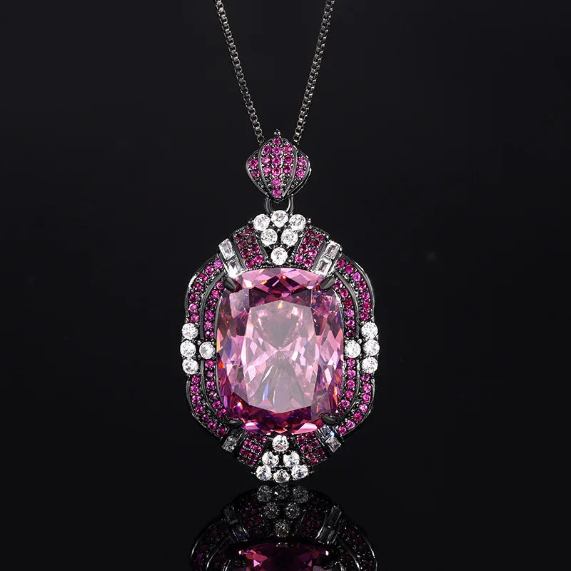 Gemfiori Luxury Black Rhodium Plated Jewelry Set Cushion Cut Simulated Blue Halo Vintage Dark Zircon Pendant Necklaces Ring Stud Earring