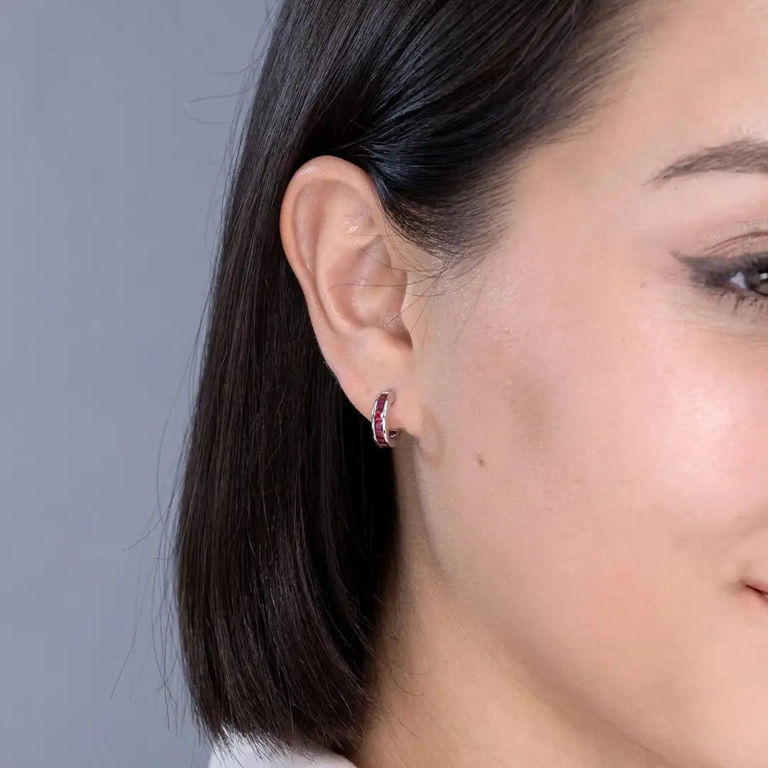 Ruby Hoop Earrings 14kt White Gold Channel Set Princess Cut Ruby Fine Jewelry Earrings for Women