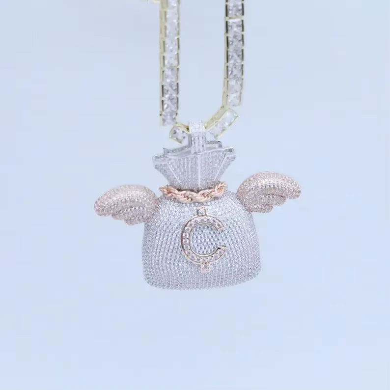 BiG-BOSS Iced Out Moissanite Money Bag Wing Pendant Silver and Rose Gold Tone Hip Hop Jewelry for Men and Women Party