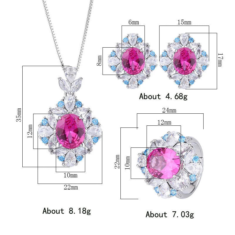 XOTICA Luxury Brazilian Fuchsia Gemstone Pendant Necklace Earring Ring Iced Blue CZ Zircon Flower Wedding Fashion Jewelry Set for Women
