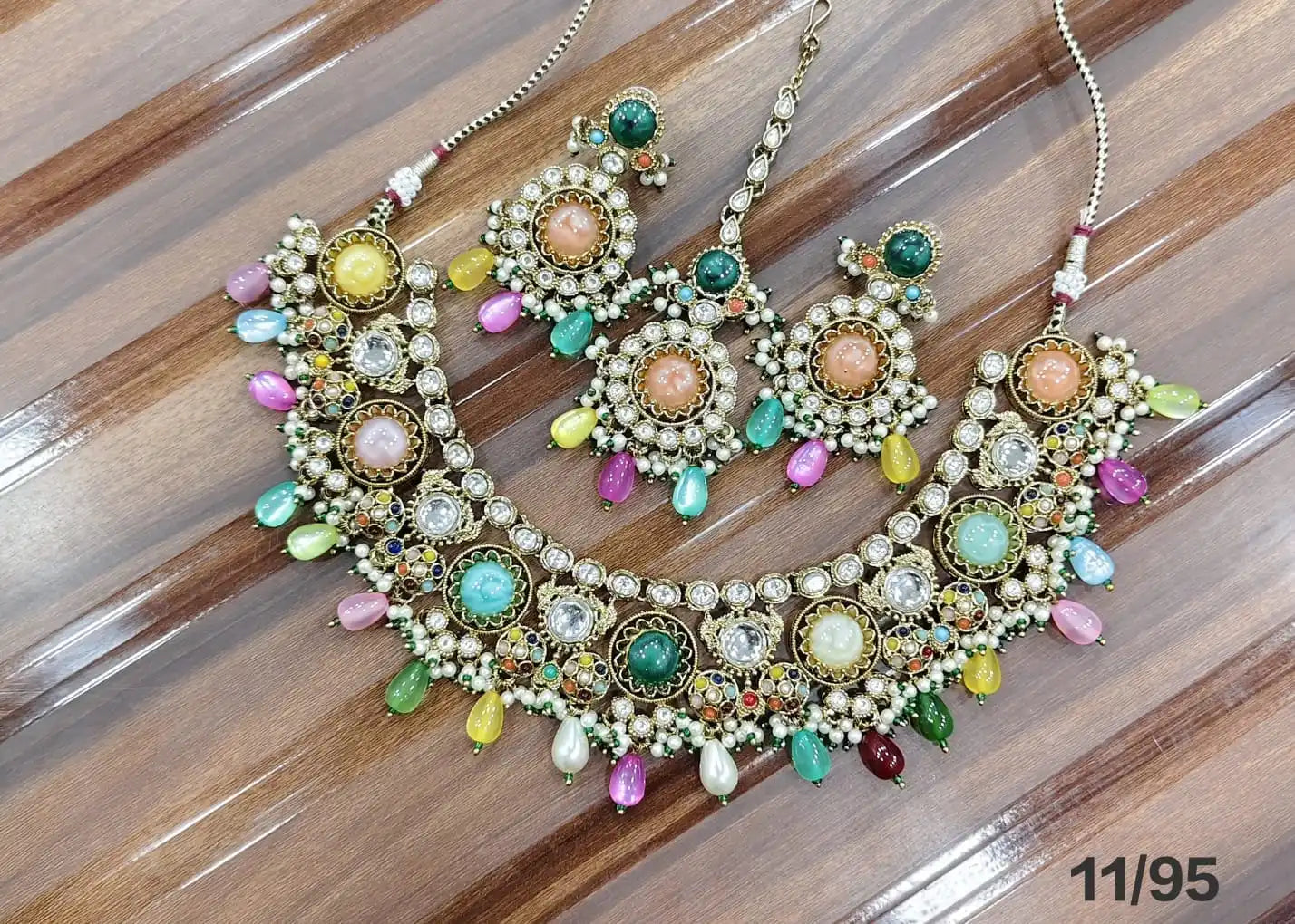 Luxury Antique Gold Plated Kundan Necklace Set with Ruby Mint Green Beads, Earrings, Maang Tikka Bridal Wedding Jewelry Set