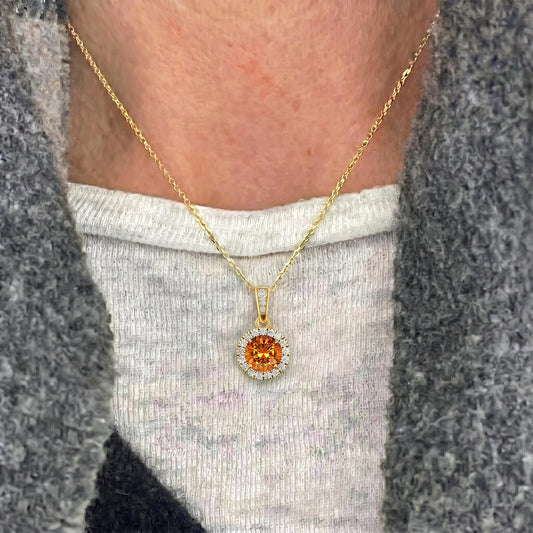 Classic Cute Design Cut Citrine Gemstone Halo Solitaire Charm's Pendant Necklace 14K Solid Gold Rhodium Plated Natural Diamonds