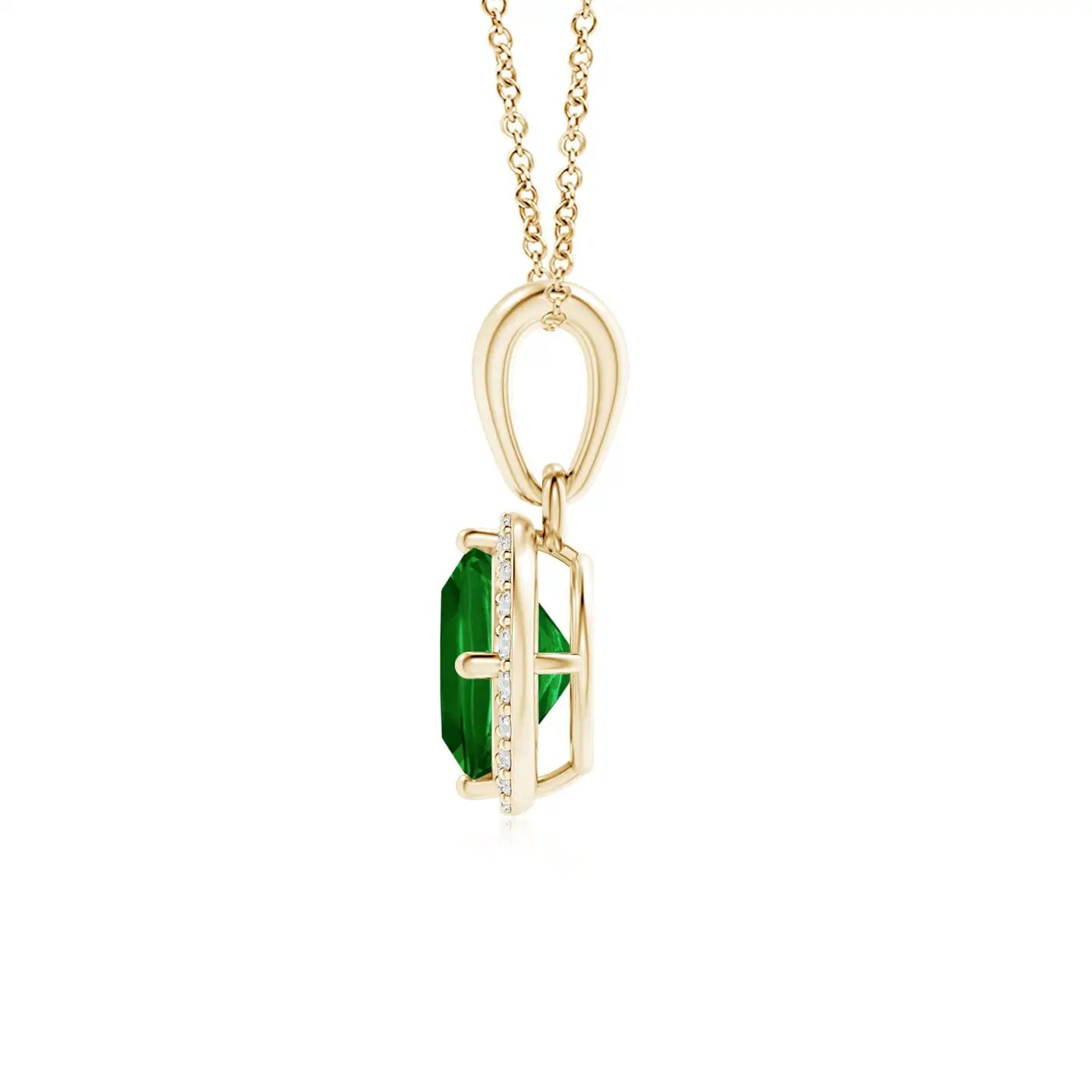 14K Solid Gold Sideways Cushion Cut Natural Green Zambian Emerald And Diamond Halo Pendant Link Chain Necklace Certified Jewelry