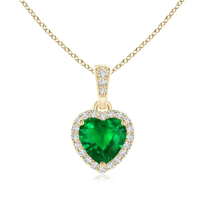 14K Solid Gold Natural Emerald Heart Pendant With Diamond Halo Classic Fine Jewellery Anniversary Wedding Gift