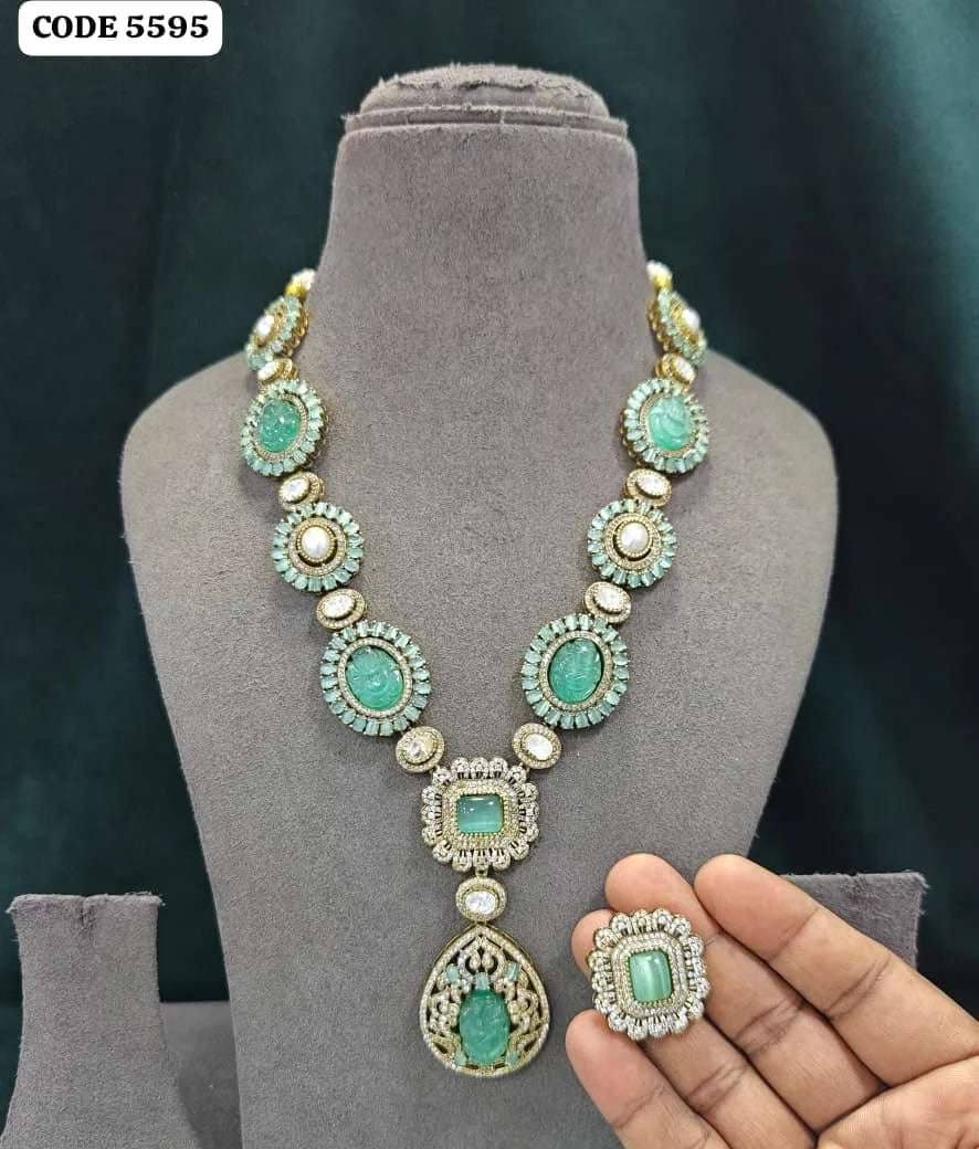 American diamond Green Stone Polki Necklace Set Gold Plated Bridal Wedding And Party Wear Ethnic Jewelry Set for Women Wholesale