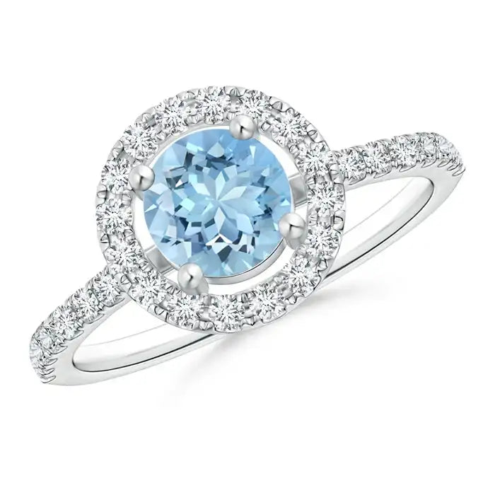 Floating Aquamarine Halo Ring with Diamond Accents Handmade Customized Fine Jewelry Wedding Engagement 14K Solid Gold