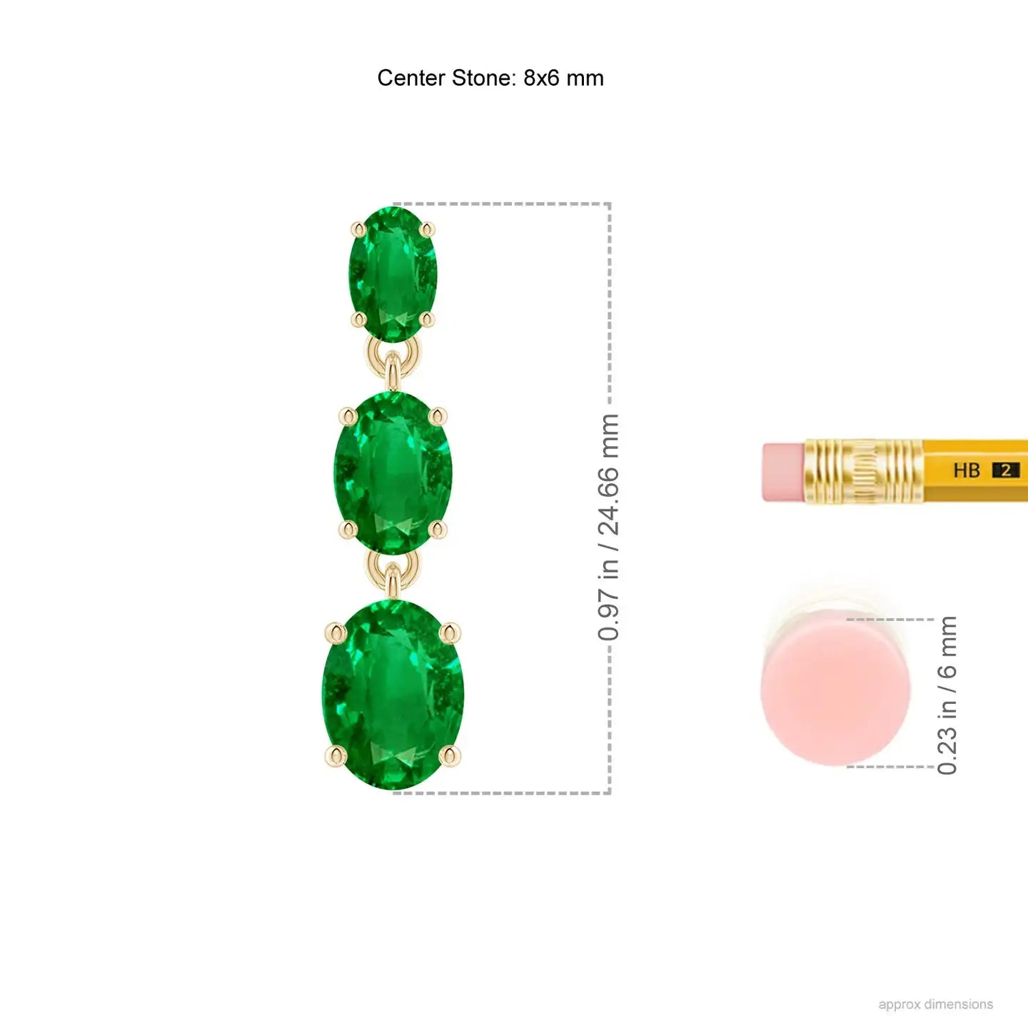 Elegant yellow gold emerald drop earrings featuring three graduated oval-cut emeralds in classic prong settings may birthstone
