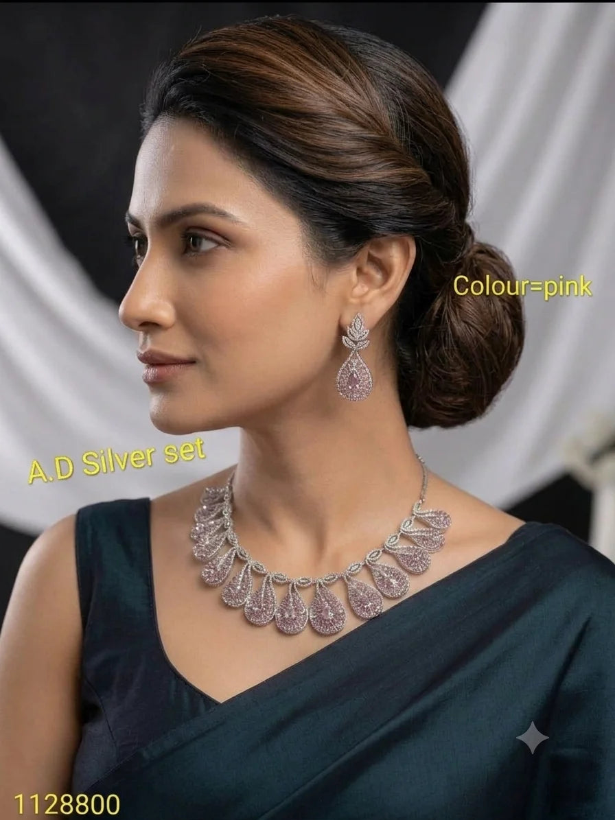 Luxury Pink Leaf Drop AD Silver Necklace Set Premium Wedding Party Wear Jewelry with Matching Earrings for Women