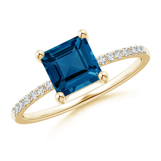 14k Solid Gold Square London Blue Topaz Ring with Pave Sett Diamond Band Fine Jewelry Certified Diamond Women's Engagement Rings