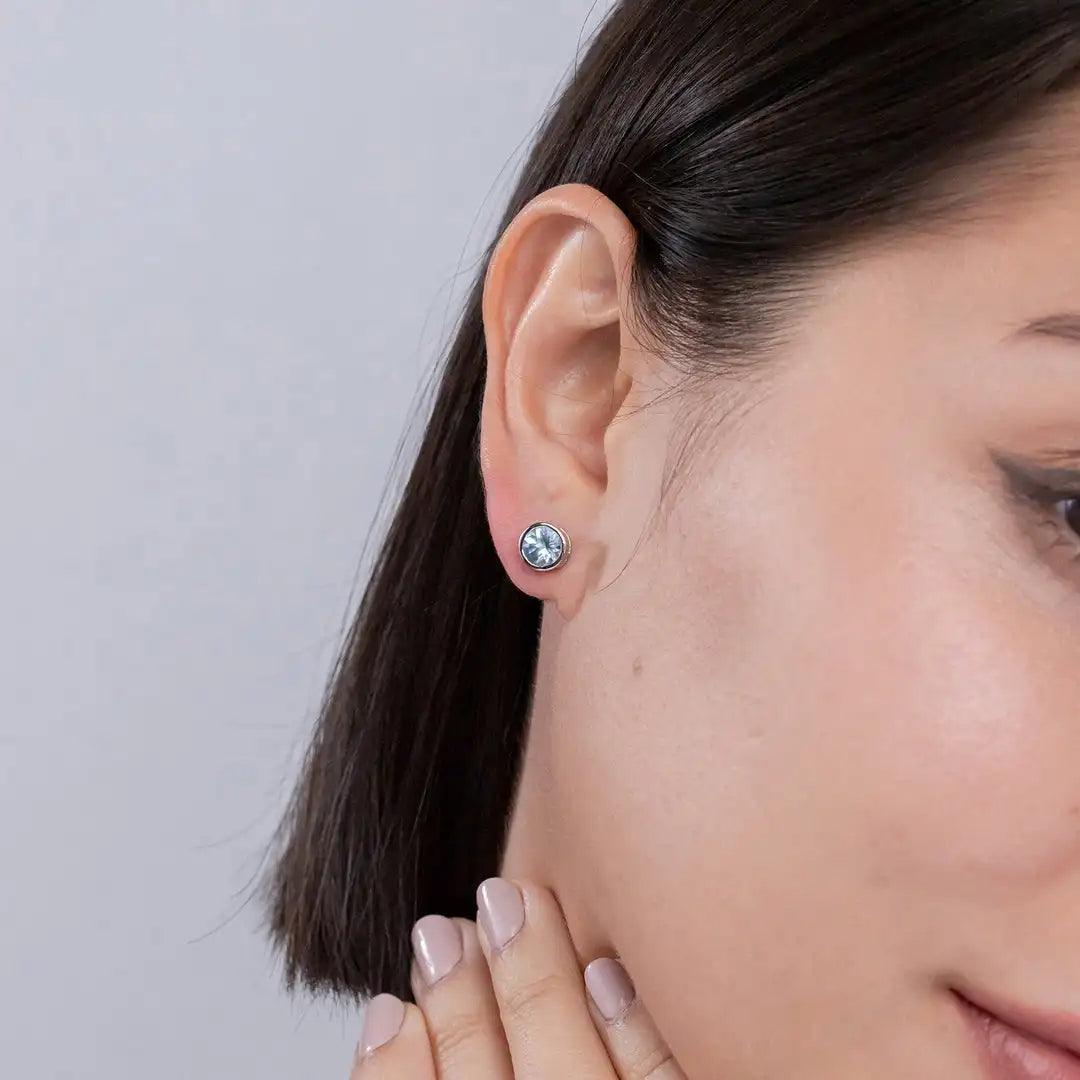 14kt Rose Gold Solitaire Aquamarine Stud Earrings Bezel Set Round Cut Minimalist Fine Jewelry Earrings for Women