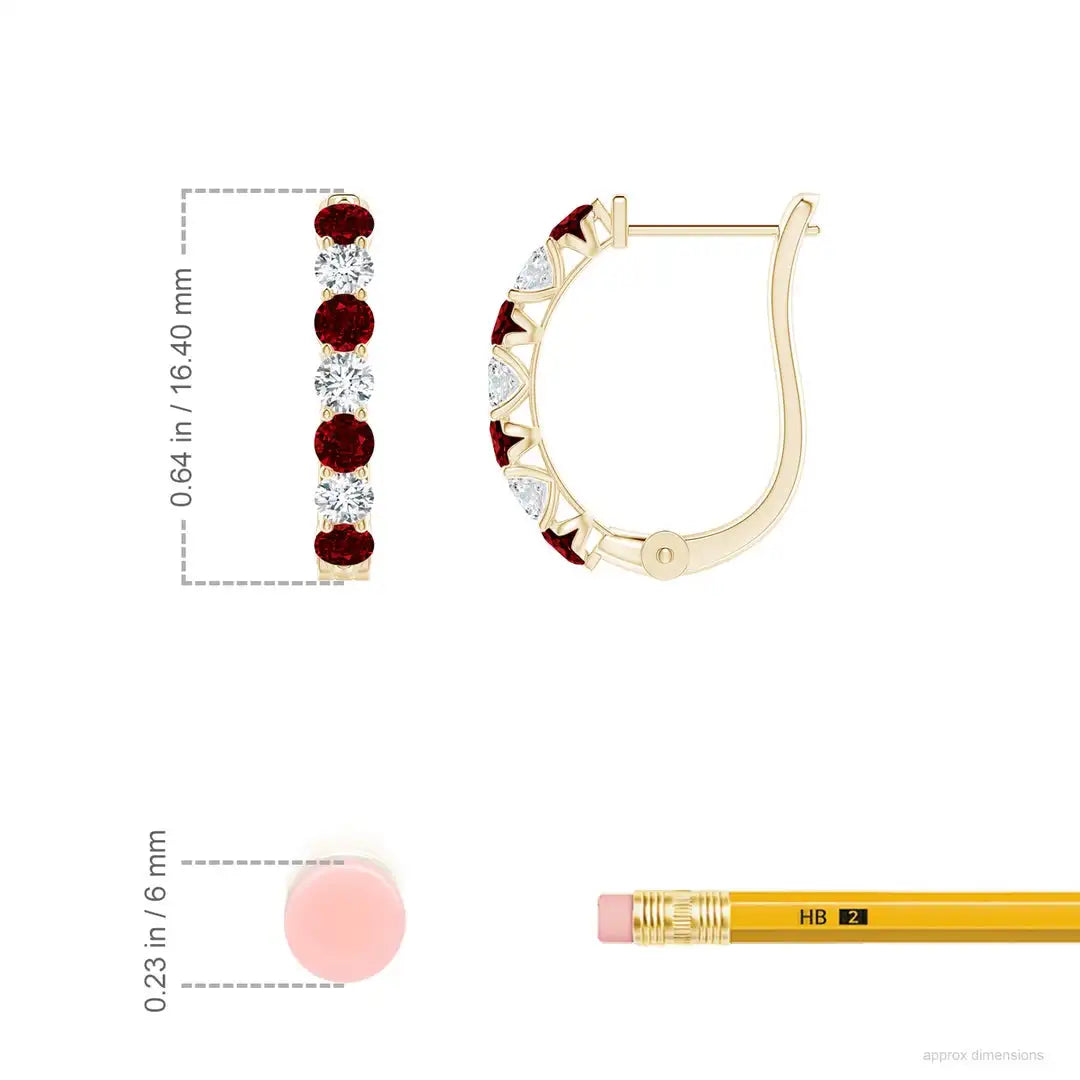 14kt Solid Gold Hoop Earrings Ruby With Round Brilliant Cut Diamonds And Red Gemstones Prong Setting Women's Jewelry