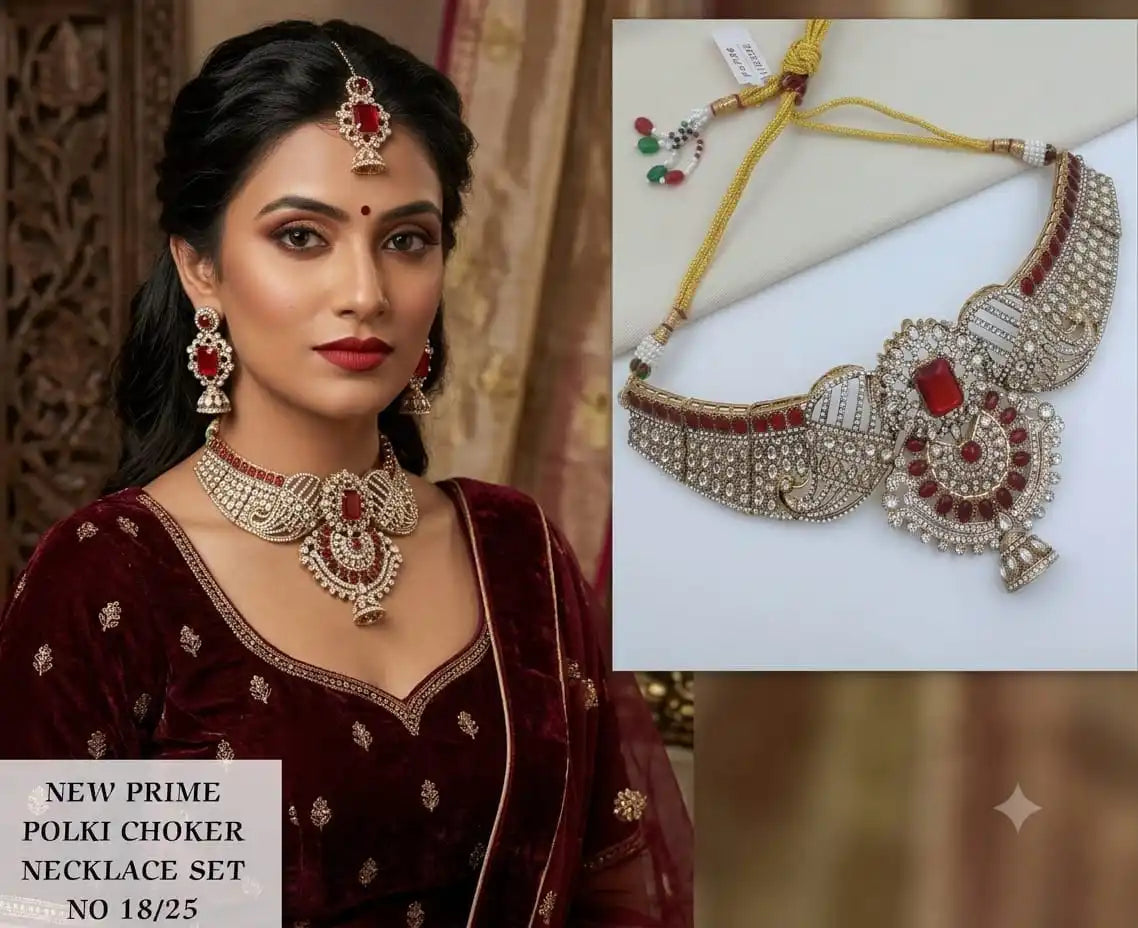 Emerald Green Kundan Polki Choker Necklace Set with Matching Jhumka Earrings and Maang Tikka for Women, Traditional Jewelry Set