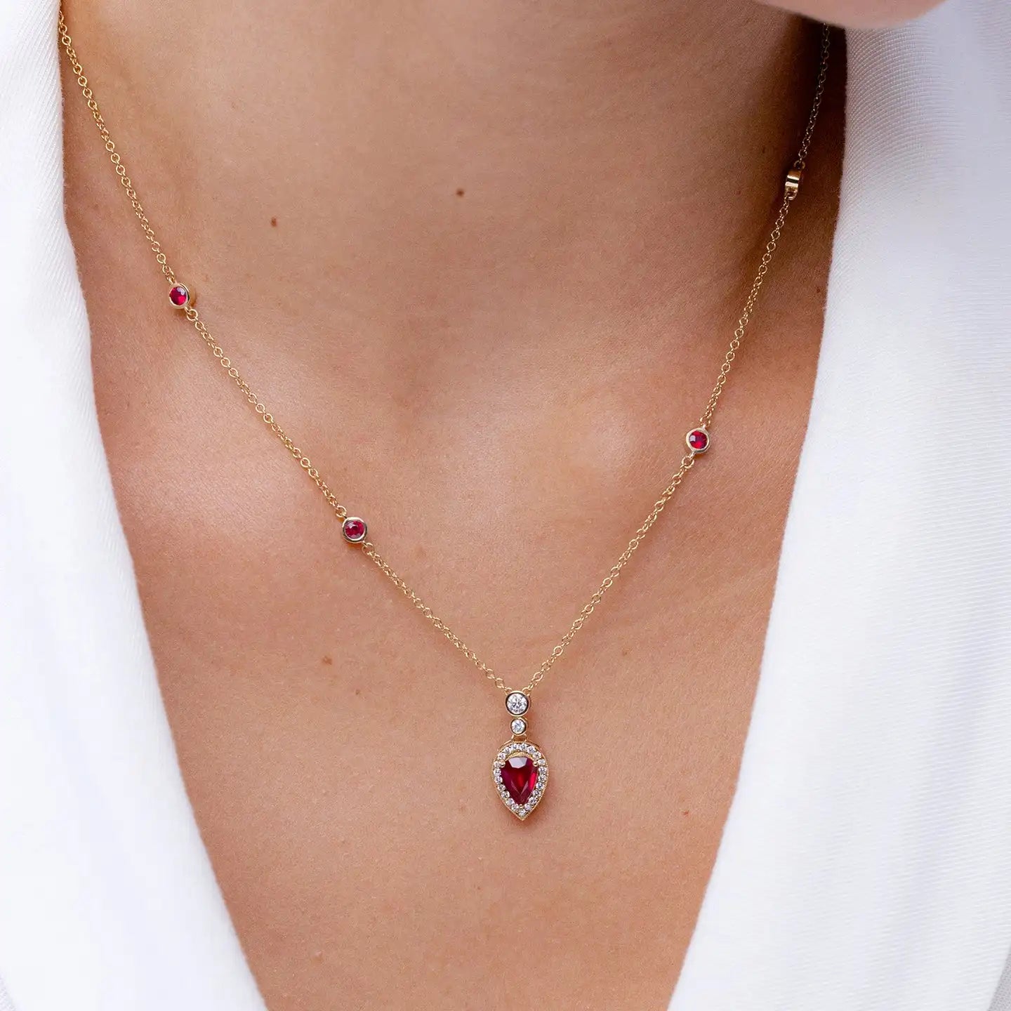 14K Solid Gold Inverted Pear Natural IGI Certified Claw Sett 0.85 Ctw Red Ruby Pendant With 0.21Ct Accented Pave Diamond Pendant