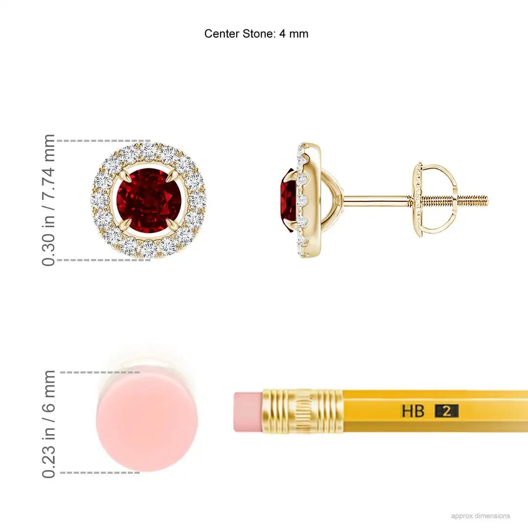 Natural Ruby Diamond Halo Stud Earrings 14K Solid Yellow Gold Round Cut Ruby Earrings Fine Bridal Jewelry Gift for Women