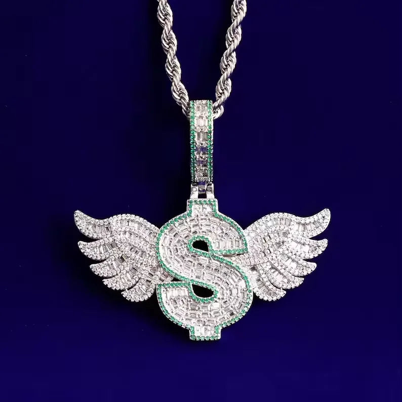 BiG-BOSS Iced Out Dollar Sign Wing Pendant Silver Plated Moissanite Hip Hop Jewelry for Men and Women Party Occasion