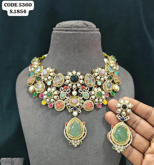 Lakshmi Luxury Vintage Multicolor Statement Necklace Set for Women Antique Gold Plated Brass Designer Wedding Party Jewelry Gift Set