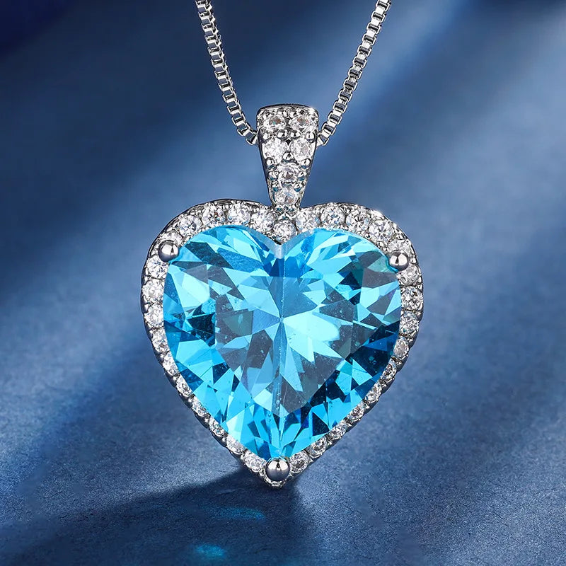 XOTICA Brass Silver Plated Blue Topaz Jewelry Set Heart Cut Ocean Blue Pendant Necklace Double Heart Stud Earring Romantic Love Jewelry