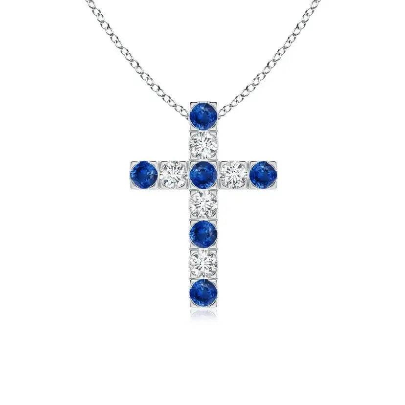 Flat Prong-Set 2MM 0.27C Blue Sapphire & 0.18C Diamond Cross Pendant 14K Gold IGI Certified Handmade Cross Pendant For Christmas