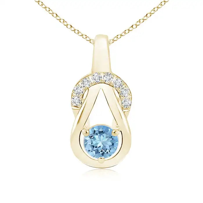 14k Hallmarked Gold Infinity Knot Pendant 5mm Prong Set 0.45Ctw Aquamarine Gemstone & Diamond Accent Pendant Wholesale Supplier