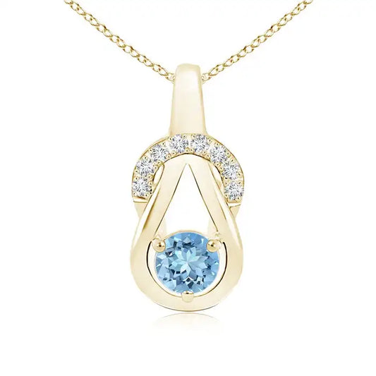 14k Hallmarked Gold Infinity Knot Pendant 5mm Prong Set 0.45Ctw Aquamarine Gemstone & Diamond Accent Pendant Wholesale Supplier