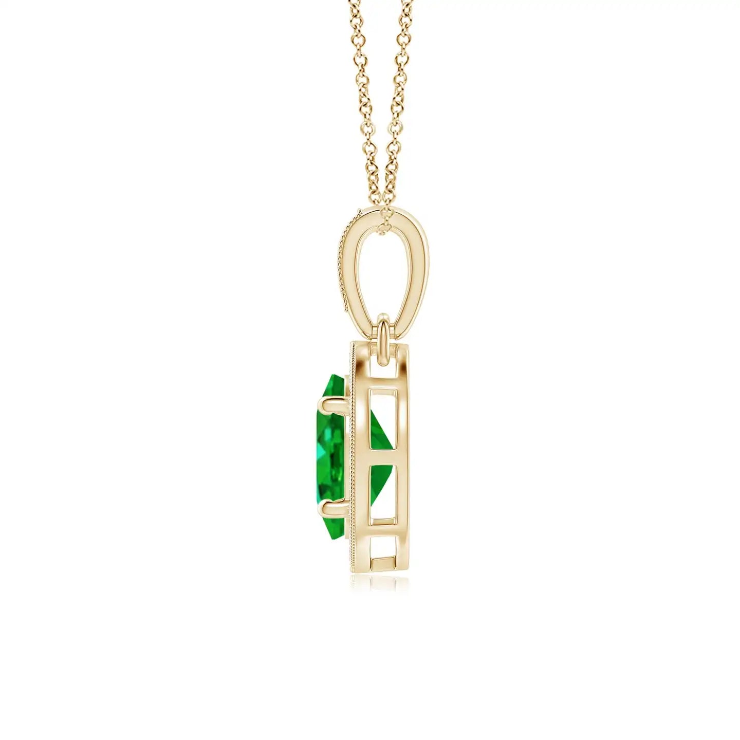 New Arrival 14K Solid Gold Natural Oval Emerald Vintage Style Pendant With Diamond Halo May Birthstone Anniversary Gift