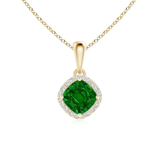 14K Solid Gold Sideways Cushion Cut Natural Green Zambian Emerald And Diamond Halo Pendant Link Chain Necklace Certified Jewelry