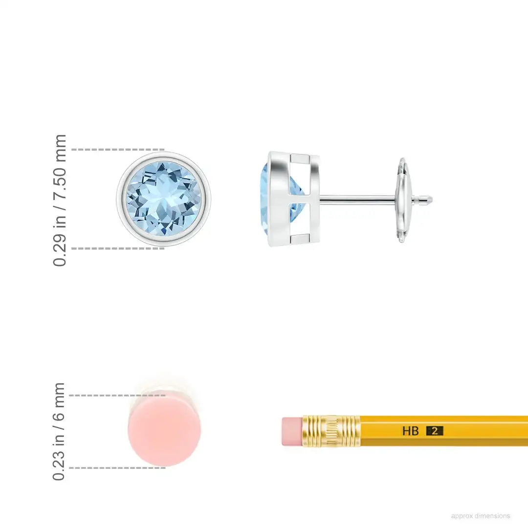 14kt Rose Gold Solitaire Aquamarine Stud Earrings Bezel Set Round Cut Minimalist Fine Jewelry Earrings for Women