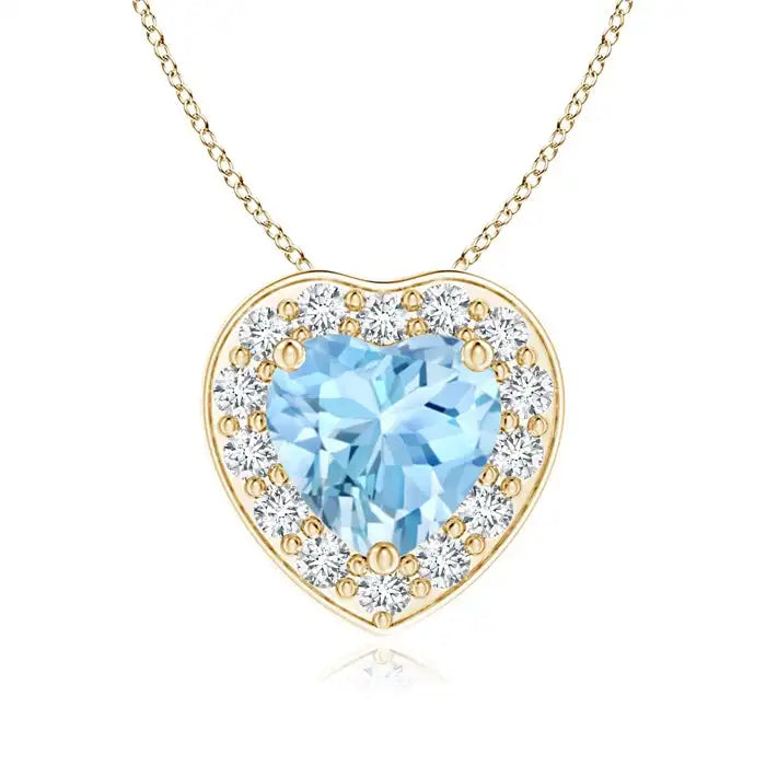 Top Selling 14K 18K Gold 0.2 Ctw Natural Aquamarine With Halo Diamond Heart Shape Pendant Link Chain Necklace Fine Jewelry OEM