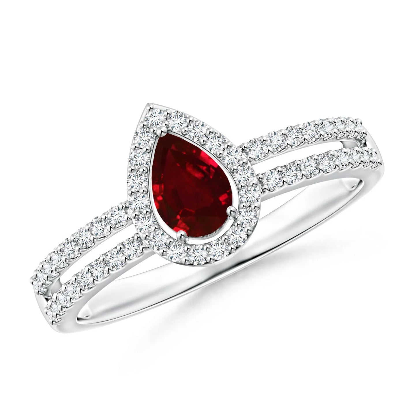 14K Solid Gold Pear Cut Ruby Gemstone and Diamond Halo Split Shank Engagement Ring Pave Accent Natural Diamond Solitaire Ring