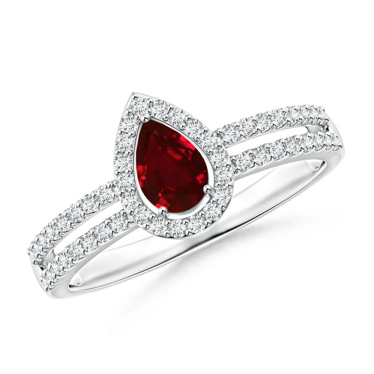 14K Solid Gold Pear Cut Ruby Gemstone and Diamond Halo Split Shank Engagement Ring Pave Accent Natural Diamond Solitaire Ring