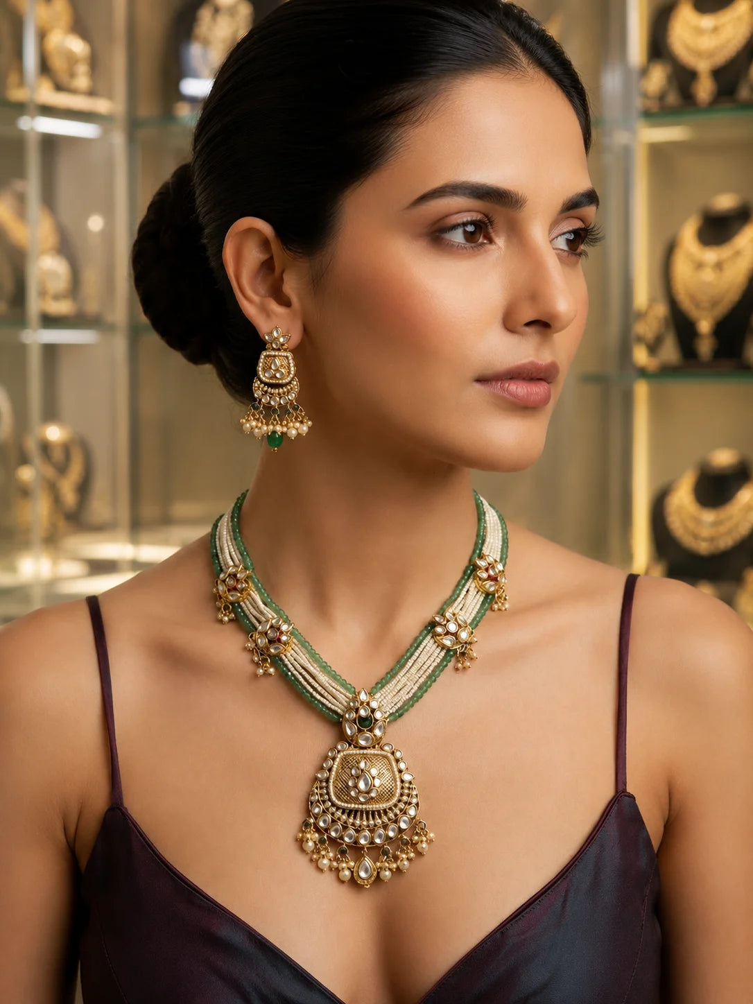 Luxury AD Polki Pearl Layered Necklace Set Gold Plated Traditional Indian Bridal Wedding Party Jewellery for Women Indian set