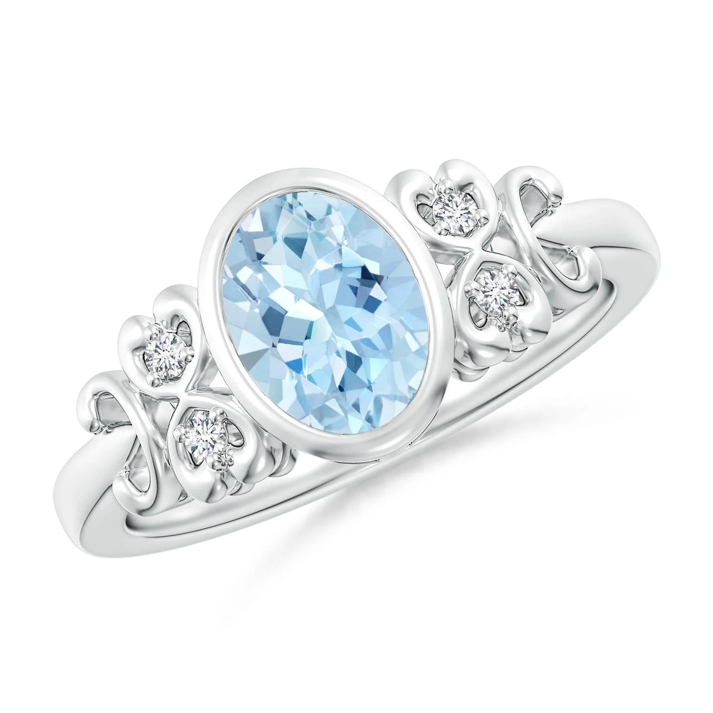 14K Gold Customizable Natural Oval Aquamarine & Diamond Heart-Shape Band Engagement Ring Delicate Cluster Classic Vintage Ring