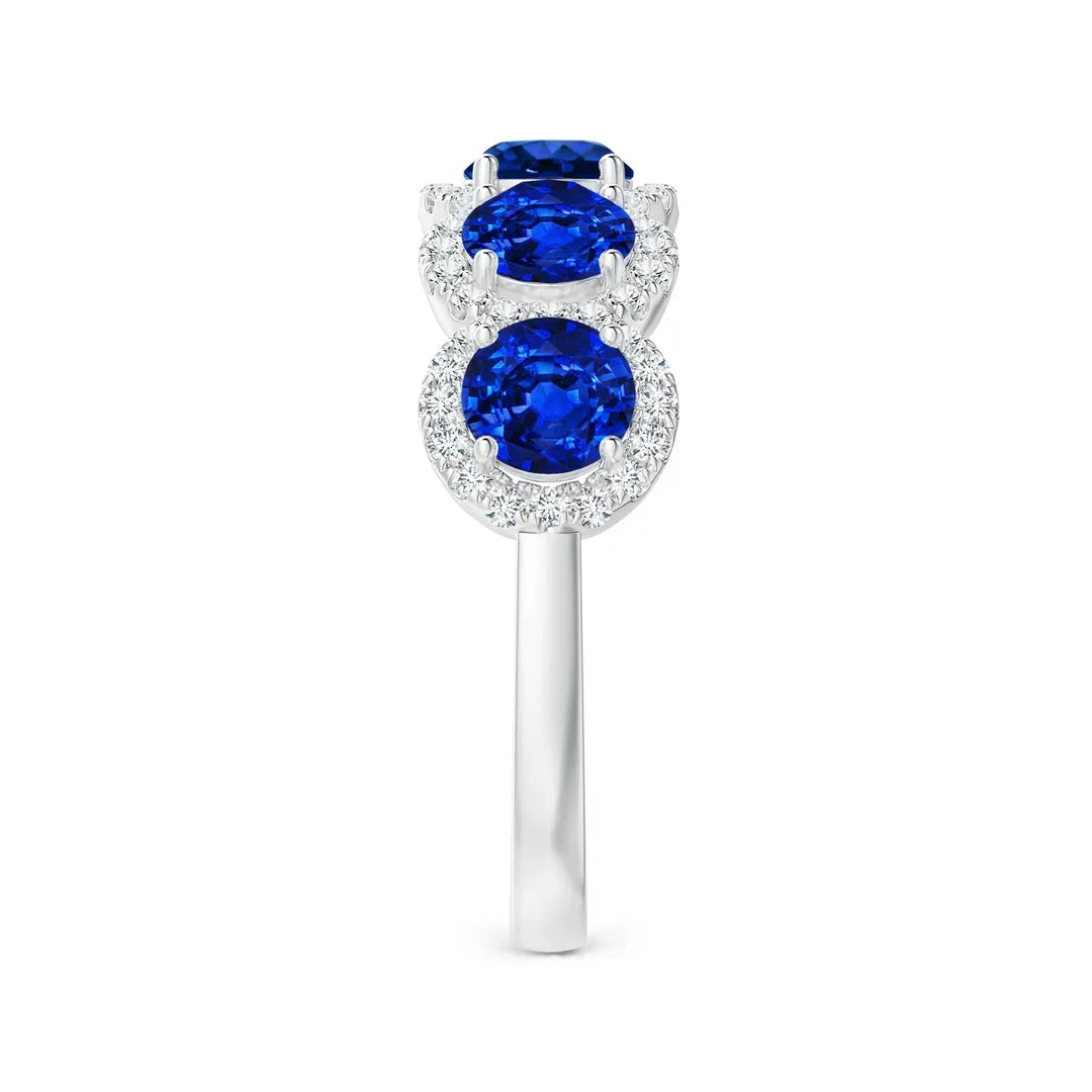 2026 New Arrival 14K Solid Gold Five-Stone Natural Blue Sapphire & Diamond Half Eternity Halo Ring Top Quality Wedding Ring RTS