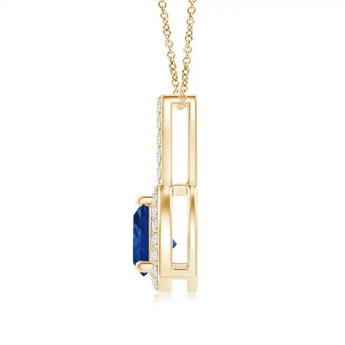 Top Quality 3.17G 14K Gold Natural 5MM Trillion Cut 0.43Ctw Blue Sapphire Halo Diamond Pendant With Curved Bale Handmade Pendant
