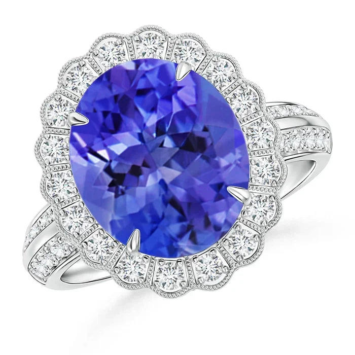 14K Solid Gold Tanzanite Cocktail Ring with Diamond Floral Halo Handmade Customized Fine Jewelry Wedding Engagement Ring