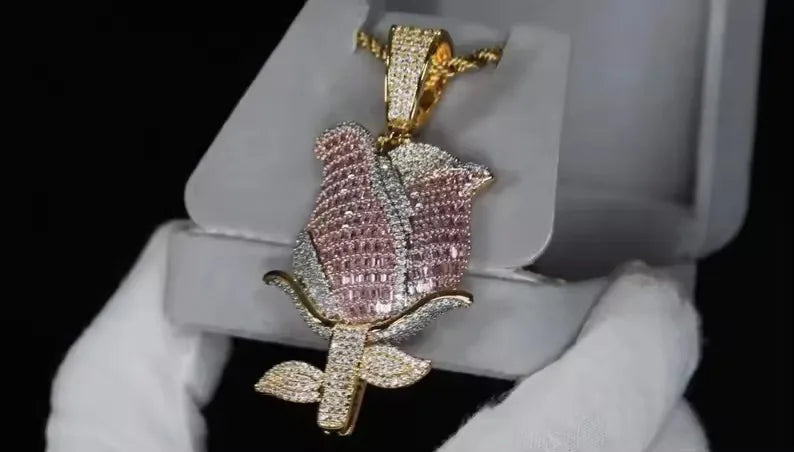 BiG-BOSS Iced Out Rose Flower Men's Hip Hop Pendant with Freshwater Pearl Pink White Moissanite Stones Silver Plated Luxury Party Jewelry