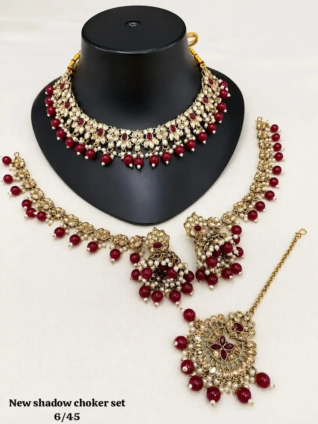 New Shadow Choker Necklace Set With Ruby Red Beads Gold Plated Vintage Bridal Jewelry For Women Wedding Fashion Jewelry Sets