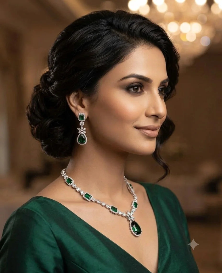 Luxury AD Silver Emerald Drop Pendant Necklace Set Premium Wedding Party Wear Jewelry with Matching Earrings for Women Set